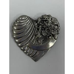 Vintage Fine Pewter  Heart with Flowers Brooch. Elios. WA280